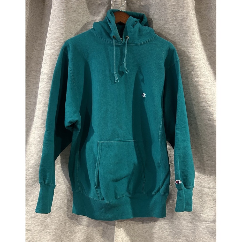 Vintage 90s‎ Champion Reverse Weave Hoodie Sweatshirt Teal Blank XL